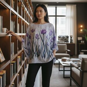 Vintage Bob Mackie Purple Tulips Kaftan Top Blouse size Small